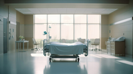 Empty hospital bed in modern hospital room