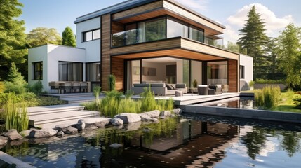 Fototapeta na wymiar 3d rendering of modern cozy house with pool and parking for sale or rent in luxurious style and beautiful landscaping on background. Clear sunny summer day with blue sky. Generative AI