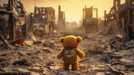 A teddy bear toy over the city burned in the aftermath of war conflict - obrazy, fototapety, plakaty
