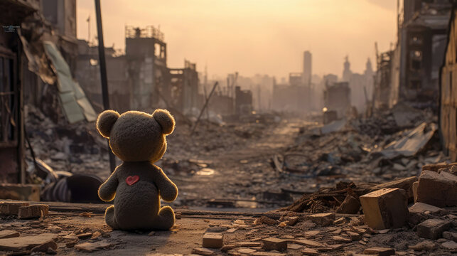 A teddy bear toy over the city burned in the aftermath of war conflict