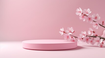 Obraz na płótnie Canvas 3d render of pink podium for product presentation with cherry blossom. Generative AI