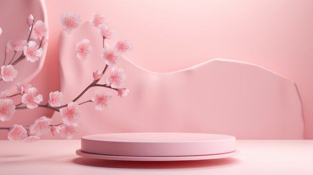3d render of pink podium for product display with cherry blossom. Generative AI © Alex