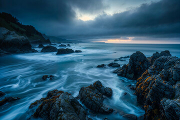 Obraz premium Early morning dawn seascape, overcast, rocks on shore, moody, dark, background, isolated, Celtic, Ireland