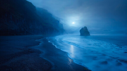 Misty blue seashore ocean landscape, empty desolate deserted beach, background, moody, melancholy,...