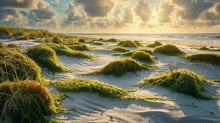 Green seaweed on the beach ocean shore, landscape, background