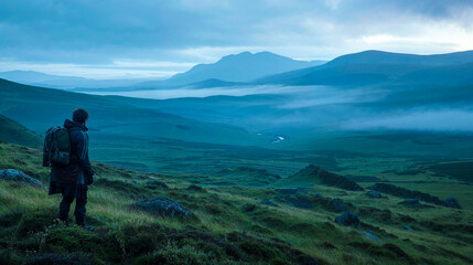 Hiker explorer traveler in the green rolling hills mountains rocky landscape, early morning fog,...