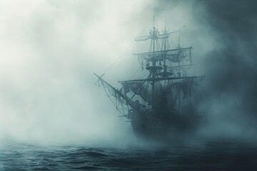 Fototapeta premium A haunted pirate ship sailing on a mysterious and foggy sea Ghostly ship