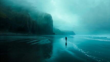 Lone figure person walking alone on isolated foogy misty beach ocean seashore, moody, green tint, background, Celtic, Ireland - obrazy, fototapety, plakaty