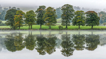 Line of green trees reflected in clear lake water, white mist fog, green landscape, magical, background, Celtic, Ireland