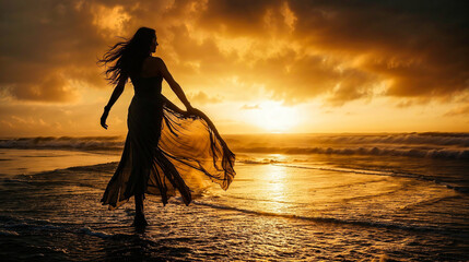 Woman in dress standing dancing on the beach seashore in the early morning golden dawn light, copyspace, Celtic, Ireland