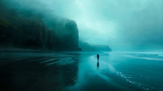 Lone figure person walking alone on isolated foogy misty beach ocean seashore, moody, green tint, background, Celtic, Ireland