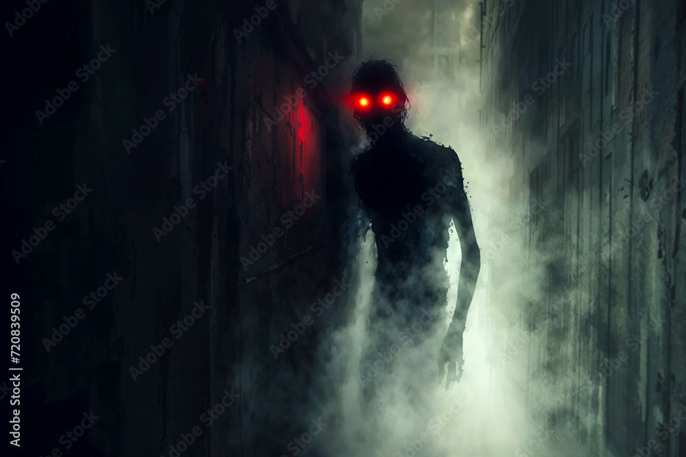 Wall mural shadow person with glowing red eyes, supernatural evil apparition