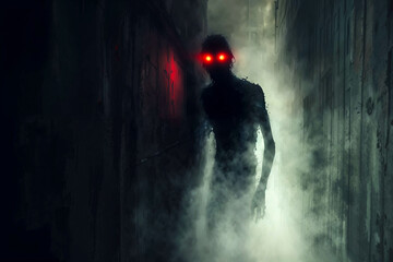 Shadow person with glowing red eyes, supernatural evil apparition