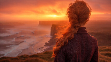 Red haired woman with back turned, looking out on early morning warm dawn foggy landscape, cliffs...