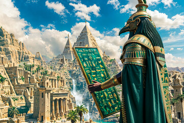 Egyptian god Thoth with the Emerald Tablet of Atlantis, Hermetic text - obrazy, fototapety, plakaty