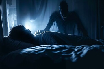 Shadow person hovers over a sleeping person, supernatural evil apparition, sleep paralysis - obrazy, fototapety, plakaty