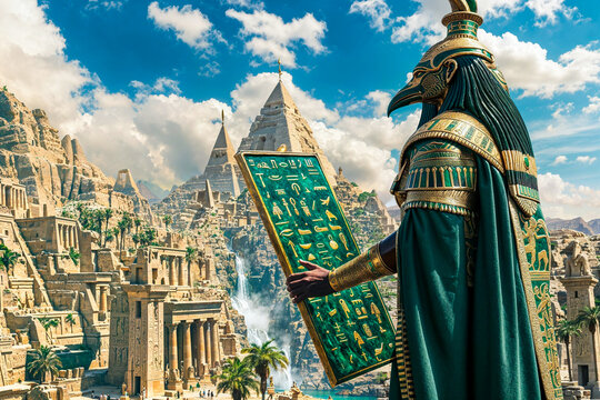 Egyptian god Thoth with the Emerald Tablet of Atlantis, Hermetic text
