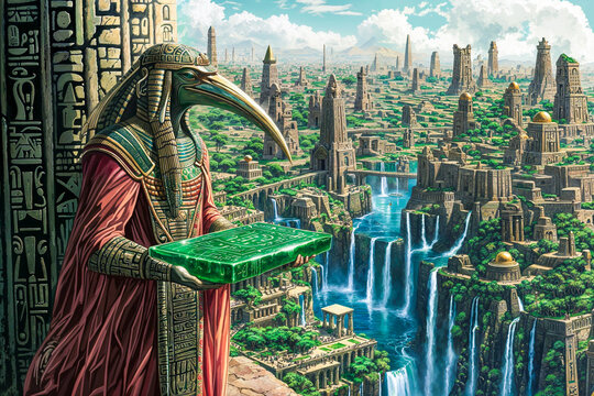 Egyptian god Thoth with the Emerald Tablet of Atlantis, Hermetic text, city of Atlantis and waterfalls in background
