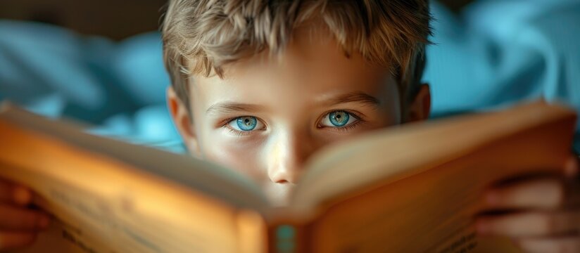 Boy reading bedtime story with the book close-up on his eyes.