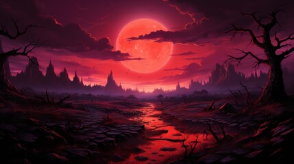 Fantasy Landscape with Blood Moon and Eerie River