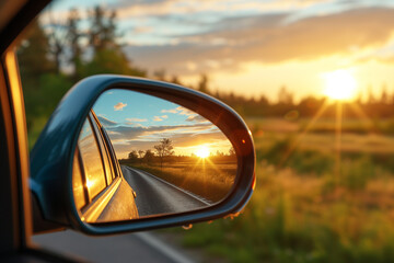the rear view mirror of a car on the side of the road with the sun reflecting in the rear view mirro. travel concept - obrazy, fototapety, plakaty