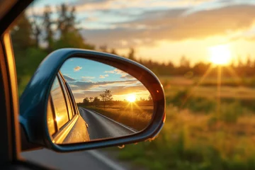Foto op Aluminium the rear view mirror of a car on the side of the road with the sun reflecting in the rear view mirro. travel concept © Enrique