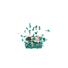 Shiny gold font equals sign revealed after the tear of tiffany blue fabric. 3d render. Transparent background.