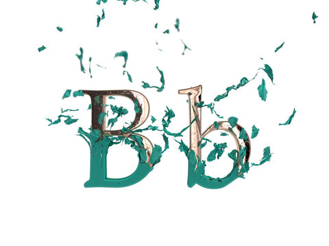Shiny gold font letter B revealed after the tear of tiffany blue fabric. 3d render. Transparent background.
