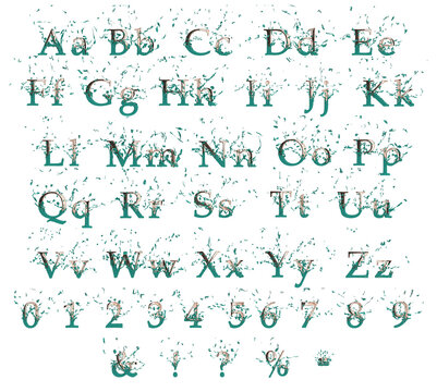 Shiny gold font alphabet revealed after the tear of tiffany blue fabric. 3d render. Transparent background.