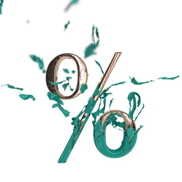 Shiny gold font percent sign revealed after the tear of tiffany blue fabric. 3d render. Transparent background.