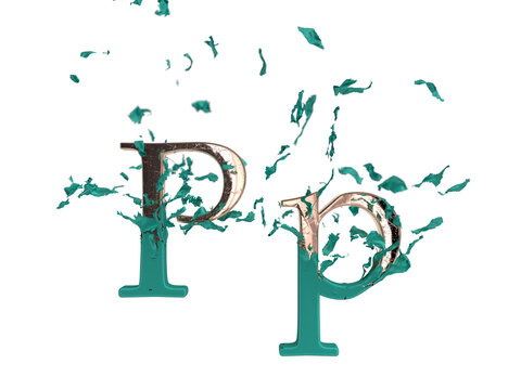 Shiny gold font letter P revealed after the tear of tiffany blue fabric. 3d render. Transparent background.