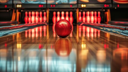A skilled bowler lines up their throw, determined to knock down all ten pins with the smooth glide of a heavy bowling ball on the polished lane of an indoor leisure centre - obrazy, fototapety, plakaty
