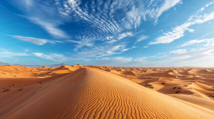 Wispy clouds above sand dunes, beautiful majestic desert landscape sand dunes in the Sahara Saharan Desert, morocco - obrazy, fototapety, plakaty