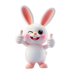 Obraz premium Cartoon Easter Bunny, White Rabbit with Thumbs Up in 3D Render Illustration, Isolated on Transparent Background, PNG