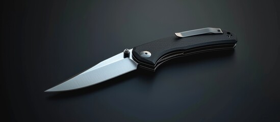 Modern Folding Knife on Black Background - Sleek, Stylish, and Versatile Modern Folding Knife against the Bold Black Background - obrazy, fototapety, plakaty