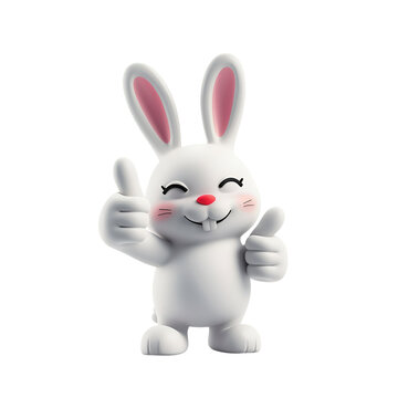 White Rabbit, Cartoon Easter Bunny with Thumbs Up: A 3D Render Illustration, Isolated on Transparent Background, PNG
