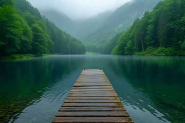 Foto auf Leinwand A serene lake embraced by a dense forest, inviting you to embrace nature's peace and tranquility. Created with generative AI. © Hustle Organisation
