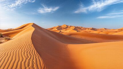 Fototapeta na wymiar Wispy clouds above sand dunes, beautiful majestic desert landscape sand dunes in the Sahara Saharan Desert, morocco