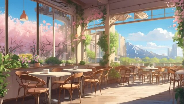 Animated cafe vibes with spring theme. seamless looping 4k time-lapse animation video background