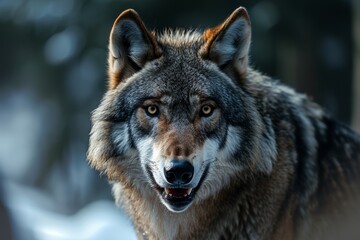 Naklejka na ściany i meble Mesmerized by the piercing gaze of a majestic wolf, standing tall and proud amidst a snowy landscape, one can't help but feel a sense of wild freedom and admiration for this magnificent terrestrial a