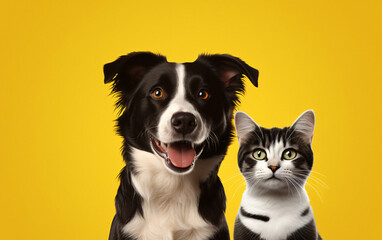 cat dog portrait, pet food cat, Banner two pets, yellow background, looking at camera, black tri border collie