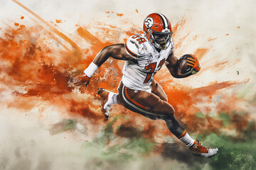 watercolor painting of a browns' football player running the ball