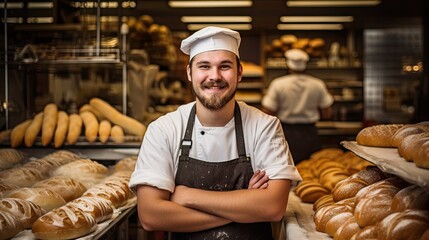 Portrait of a smiling male baker standing in a bakery with arms crossed Generative AI - obrazy, fototapety, plakaty