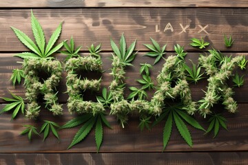Relax text written in cannabis on wooden background