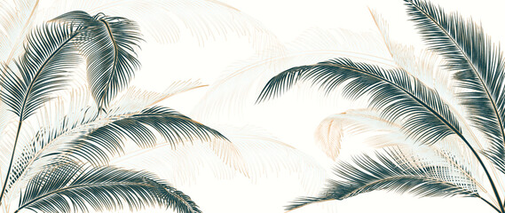 Botanical light art background hand drawn with palm leaves in golden line art style. Banner with a luxury botanical pattern for decoration, print, textile, wallpaper, poster, interior. © VectorART