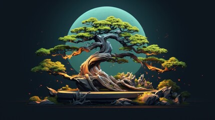 Bonsai tree with full moon on dark background. 3D rendering Generative AI