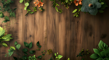 Fototapeta na wymiar Wood background, Frame made with elements from nature, copy space
