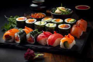 Delicious set of maki rolls, food photo, Japanese cuisine, sushi, restaurant serving.