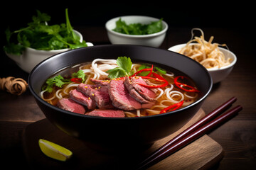 Pho noodle soup with beef, food photo.