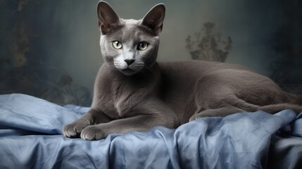 A Beautiful Gray Cat Breeds Russian Blue Sits on a Pillow AI Generated